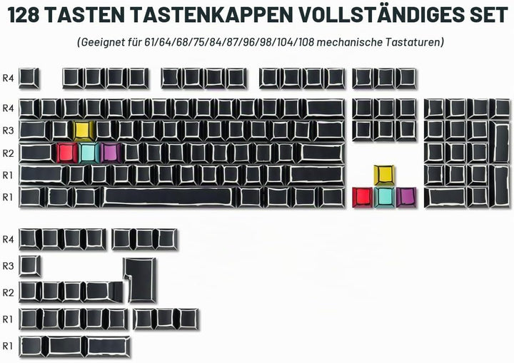 Sunzit PBT Custom Keycaps 128 Tasten Cherry Profil Dye-Sub Sketch Schwarz Tastenkappen Set Durchschi