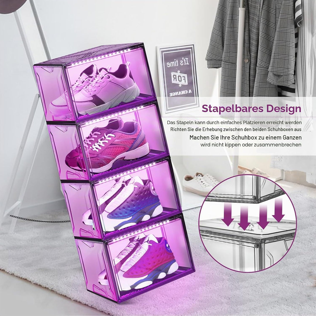 LED Schuhboxen Stapelbar, 2er Set, Schuh-Organizer aus Kunststoff, Schuhaufbewahrung Platzsparend, M