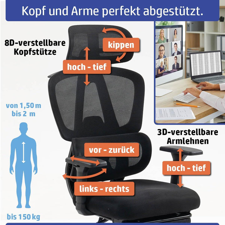 Bürostuhl Schreibtischstuhl | verstellbare Armlehnen &amp; Kopfteil | 6 Modelle | Ergonomisch | stufenlo