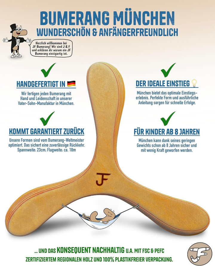 ANFÄNGERSET - Handgemacht - Boomerang MÜNCHEN, LONDON & Beutel - Nachhaltig - Einzigartiges Geschenk