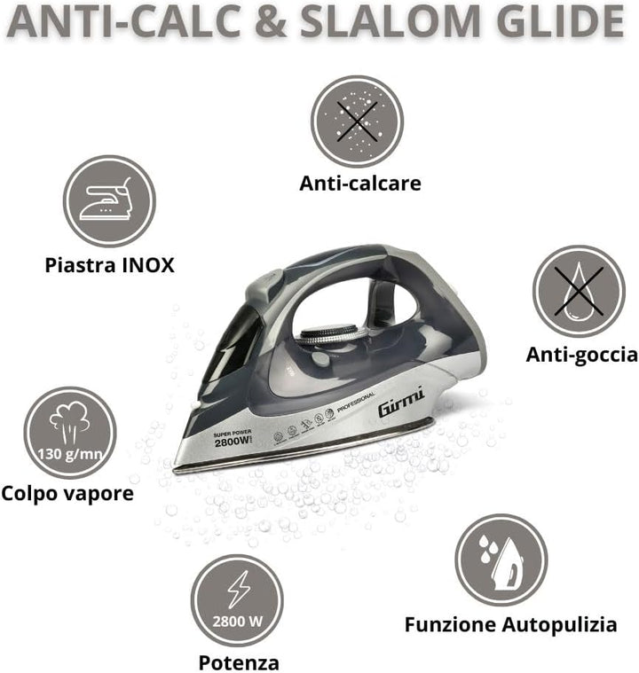 Girmi ST63 Dampfbügeleisen, 2800 Watt, Temperaturregelung, Dampfstoss 150 g/min, Anti-Kalk-Funktion,