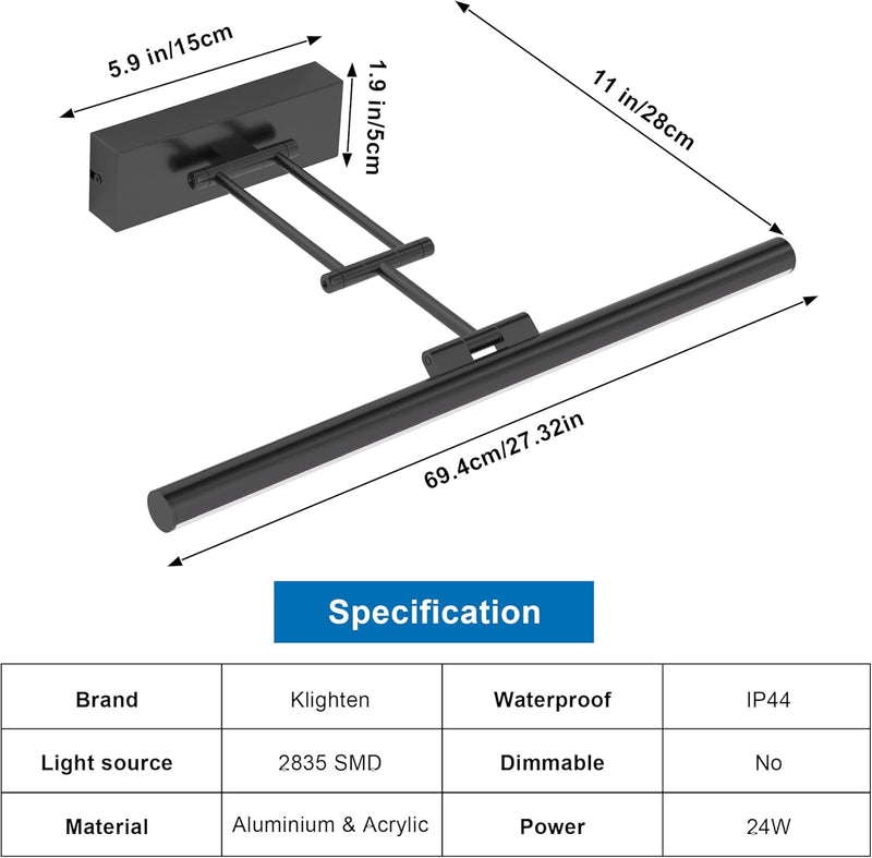 Klighten LED Spiegellampe Bad 70cm, Drehung Spiegellampen Spiegel für bad IP44, Spiegelleuchte Badez