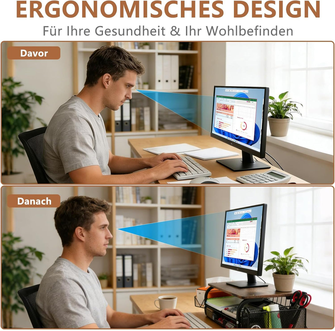 Monitorständer Holz Ergonomischer Monitorständer 30kg/66lbs, extra breite Netzablage + 3 Kabelbinder