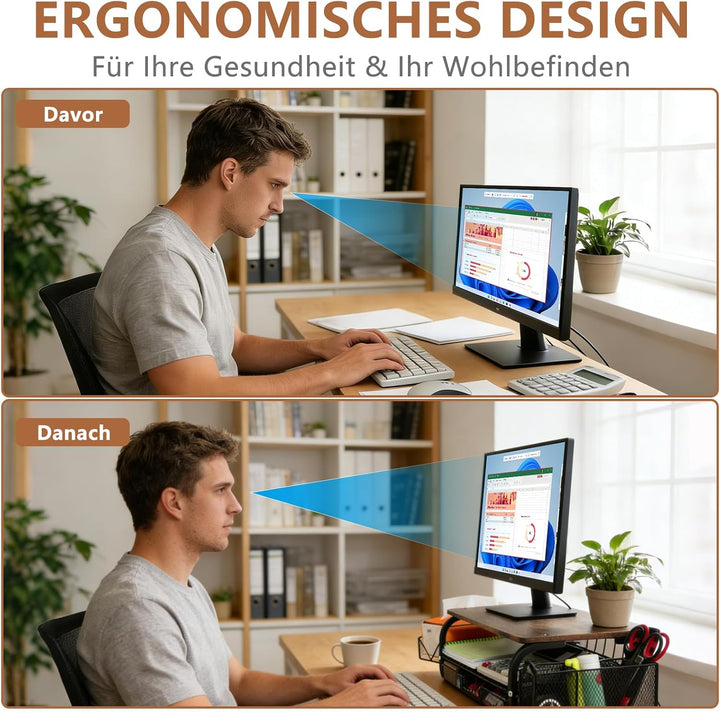 Monitorständer Holz Ergonomischer Monitorständer 30kg/66lbs, extra breite Netzablage + 3 Kabelbinder