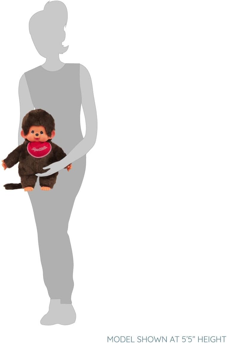 Sekiguchi 255410 - Original Monchhichi Junge, Plüschtier mit rotem Lätzchen und Zöpfen mit Schleifen