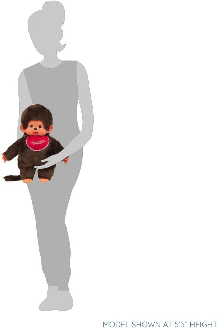 Sekiguchi 255410 - Original Monchhichi Junge, Plüschtier mit rotem Lätzchen und Zöpfen mit Schleifen