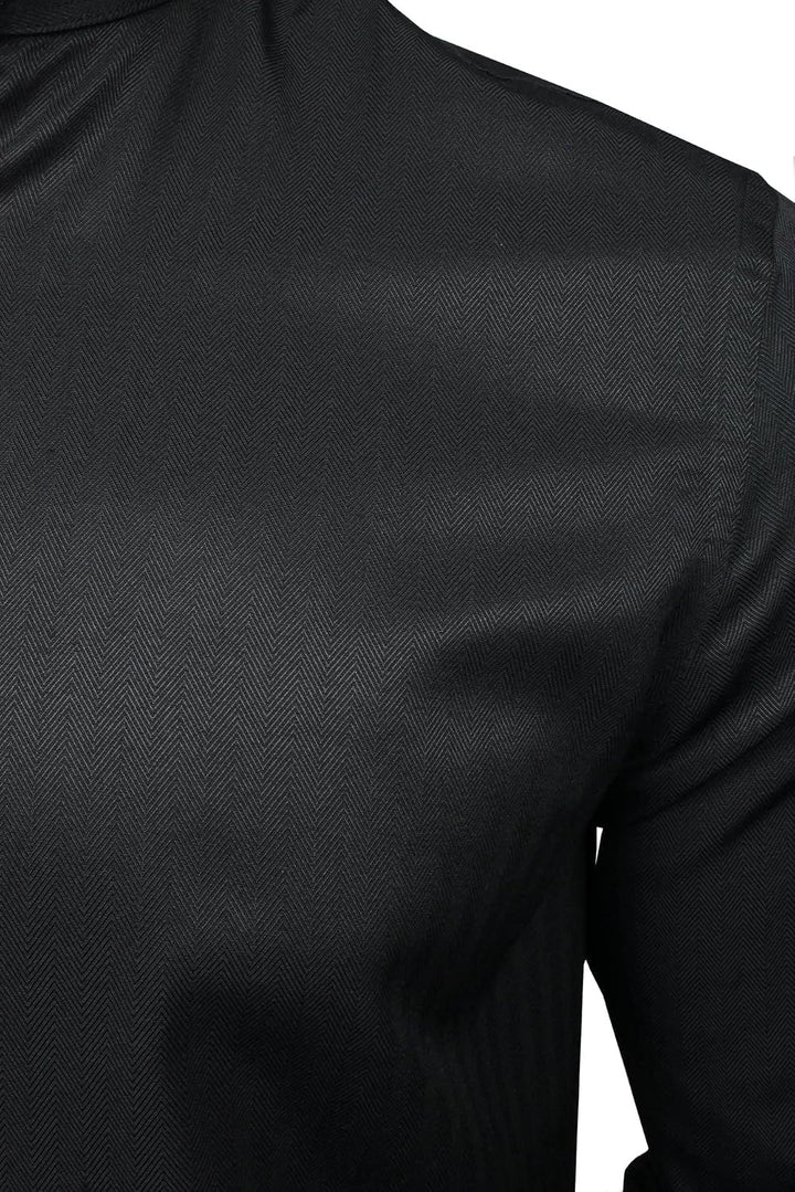 Xact Herren Langarmhemd mit Herringbone-Muster und Grandad-Mandarinkragen L Schwarz, L Schwarz