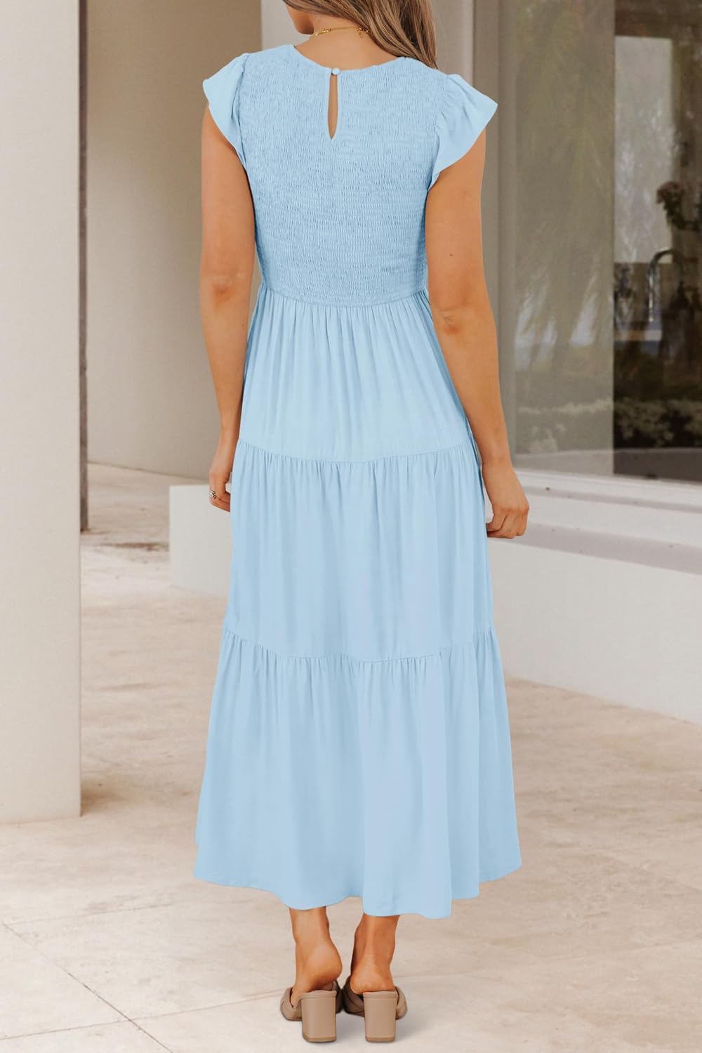 Damen Sommerkleid A Linie Kleider Kurzarm Kleid Midi Freizeitkleid S Hellblau, S Hellblau