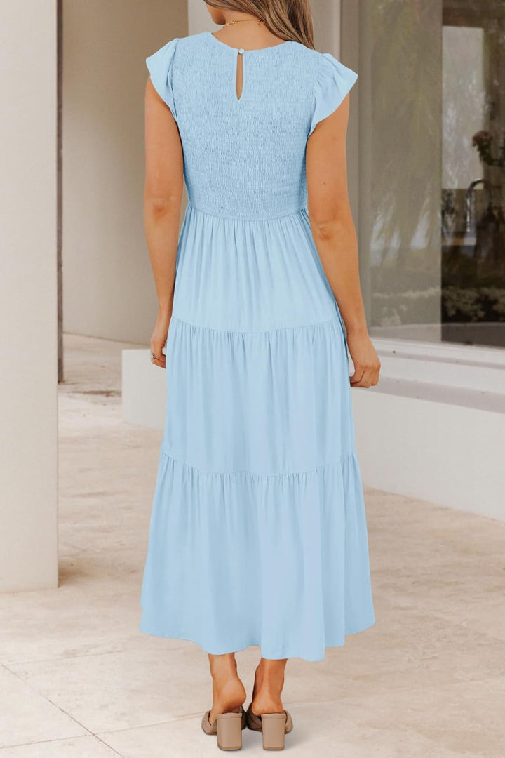 Damen Sommerkleid A Linie Kleider Kurzarm Kleid Midi Freizeitkleid S Hellblau, S Hellblau