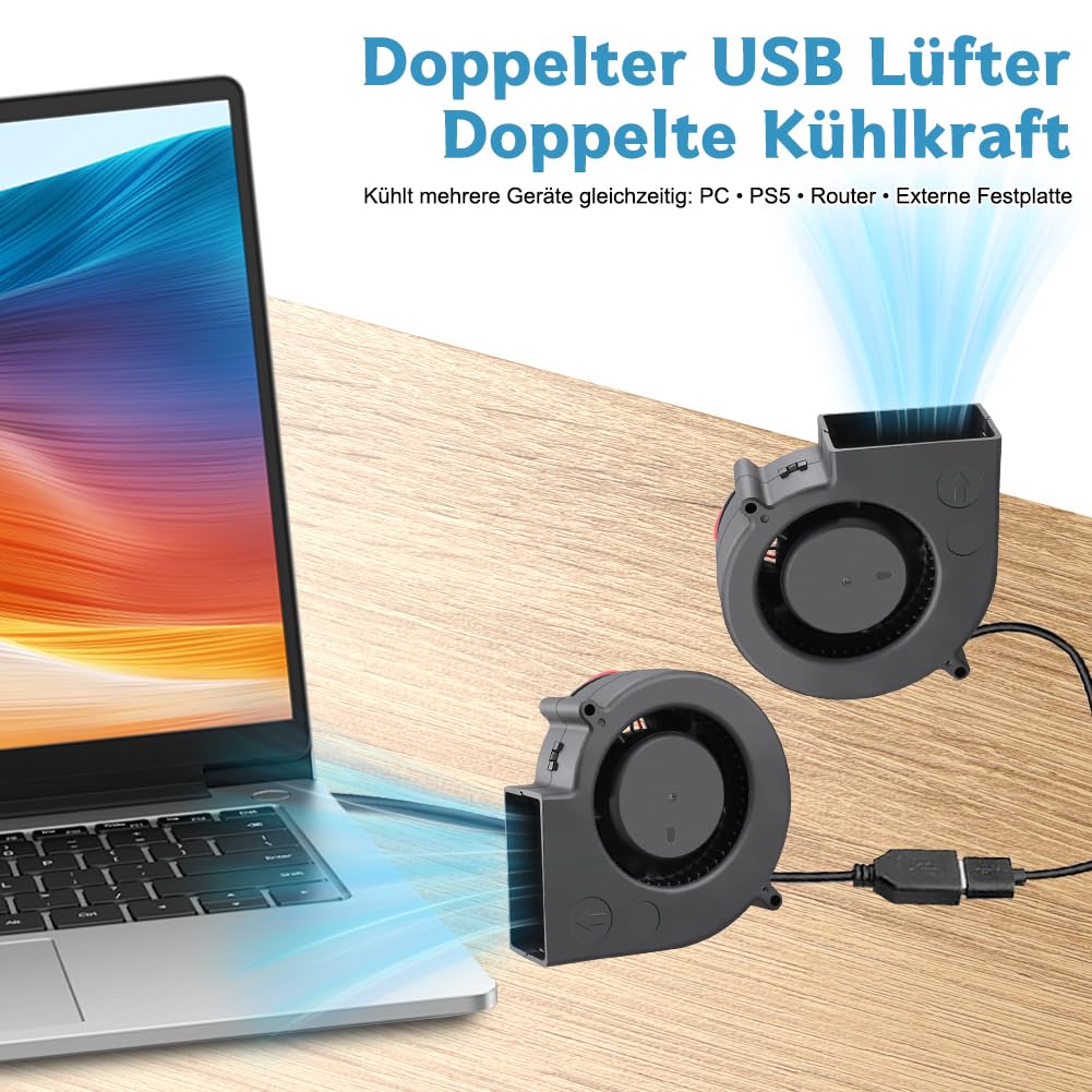 2X Radiallüfter USB mit drehzahlregler - 12V Gebläse Lüfter 75mm - 2-in-1 Radialgebläse für Heizkörp