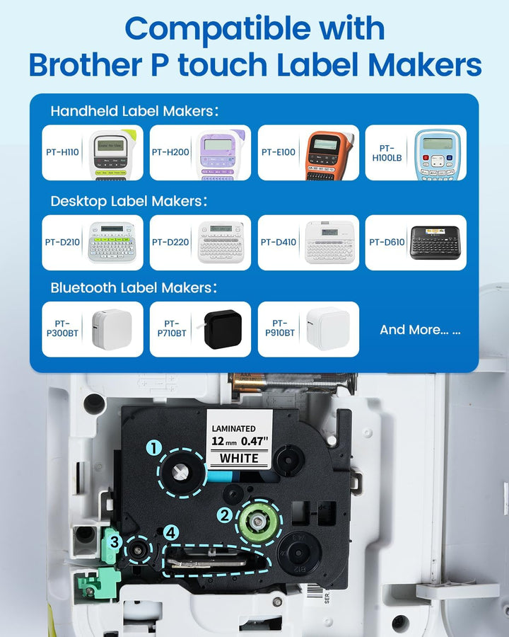 Aze 12mm Schriftbänder Kompatibel mit Brother p-touch Bänder 12mm, Schwarz auf Weiss/Transparent/Rot