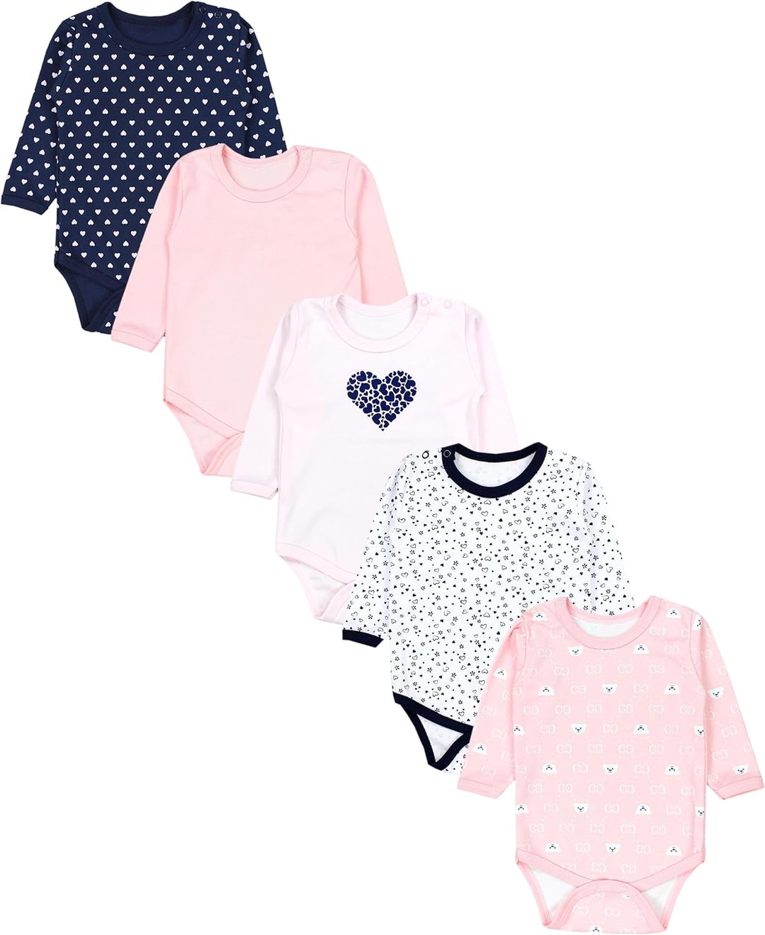 TupTam Mädchen Baby Body Langarm Unifarben 5er Pack 74 Dunkelblau Blumen Hellrosa Herzen Aprikose Bä