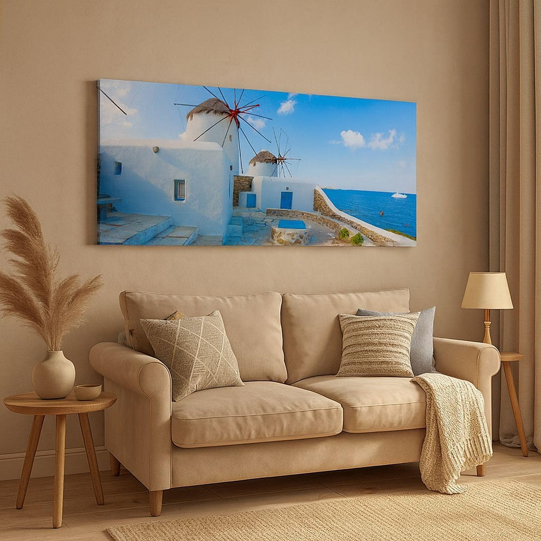 Wandbilder Dekoration Wohnzimmer Griechenland Insel Küste Haus Panorama Bilder auf Leinwand 120x50cm