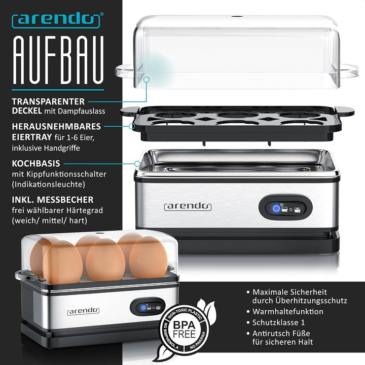 Arendo - SET Eierkocher SIXCOOK mit Toaster FRUKOST Edelstahl Silber, Toaster 4 Scheiben, LED-Displa