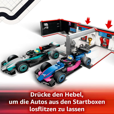 LEGO City F1 Garage mit Mercedes-AMG & Alpine Rennautos - Spielzeug Formel 1 Rennwagen mit 2 Rennfah