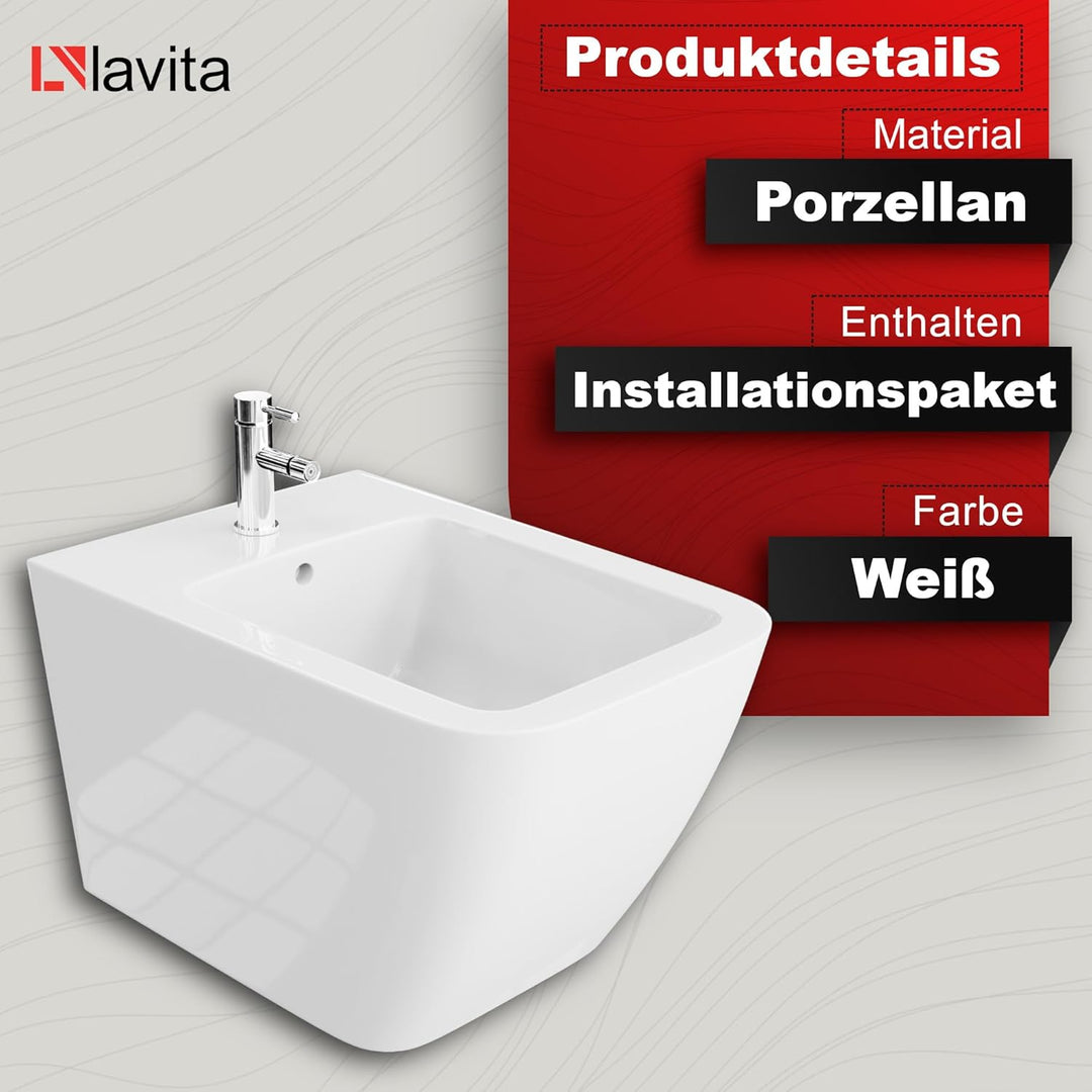 LAVITA Universal Wand Bidet, WC mit Hahnloch und Überlaufschutz aus Keramik 35,5 x 51 x 32,5 cm Sitz