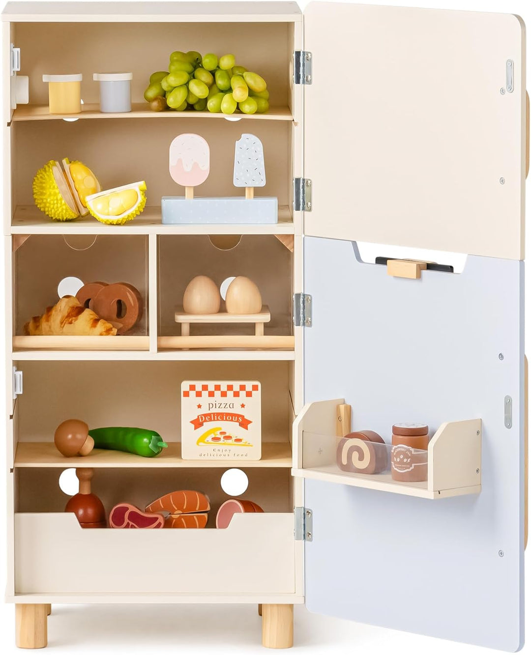 ROBUD Holzspielzeug-Kühlschrank-Set, Rollenspiel-Kühlschrank für Kinder mit Tafel, Gefrierfach, Kühl
