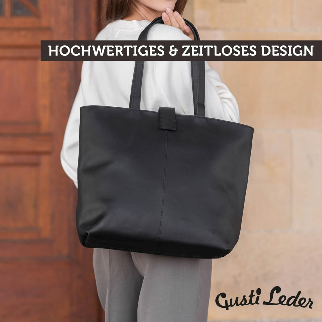 Gusti Shopper Leder - Alexandra Handtasche Damen Arbeitstasche Leder Schwarz, Schwarz
