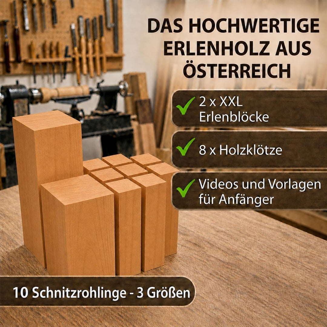 EdpaS Erlenholz Schnitzholz Set 10 Stück in 3 Grössen Erle zum schnitzen | Erlenholz-Rohlinge zum Sc