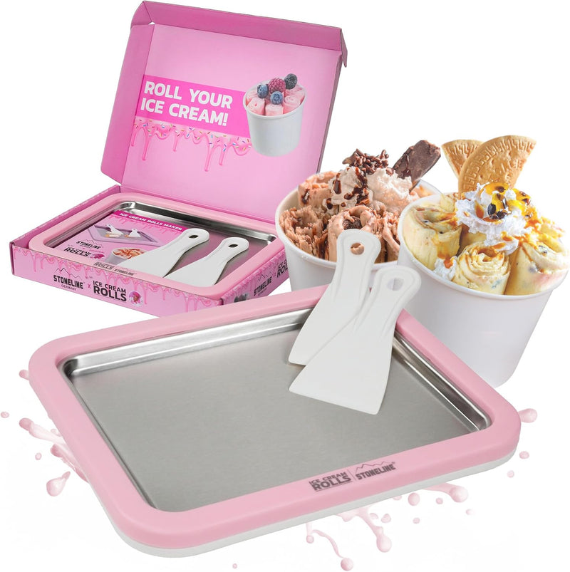 STONELINE by Mr. Ice Cream Rolls ORIGINAL Ice Cream Rolls Maker Eisplatte Rosé 26x21x3,5 cm mit 2 Sp