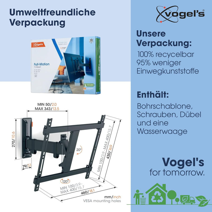 Vogel's Comfort TVM 3425 Schwenkbare TV-Wandhalterung für 32-65 Zoll Fernseher, Max. 25 kg, Schwenkb