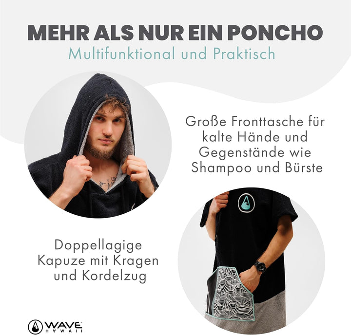 WAVE HAWAII Poncho Moledo Surfponcho 95% Baumwolle Badeponcho für Körpergrössen von 175-205 cm Umkle