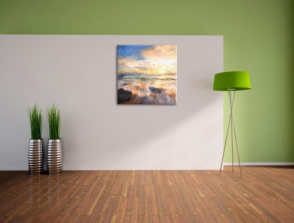 Pixxprint Sonnenuntergang am Meer Pinsel Effekt, Format: 70x70 auf Leinwand, 70x70