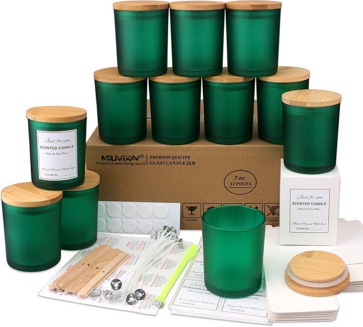 MILIVIXAY 12 Stück 200 ml mattgrüne Glas-Kerzengläser mit Deckel und Kerzenherstellungs-Sets – leere