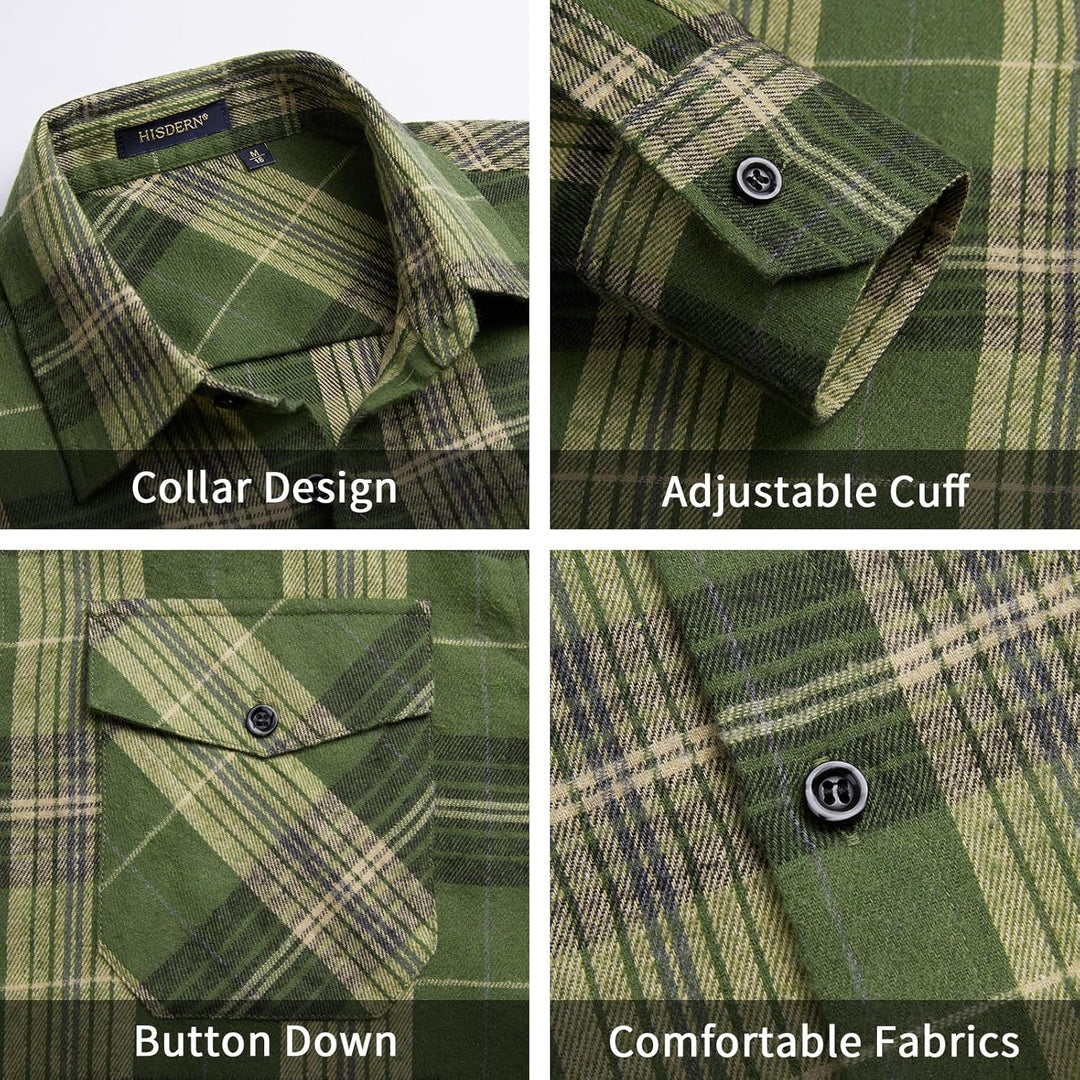 HISDERN Flanellhemd Herren Karierte Hemden Herren Langarm Button Down Baumwolle Holzfällerhemd Regul