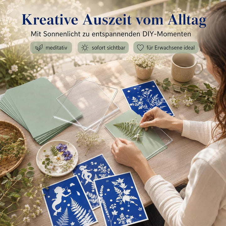 38 Cyanotypie Papier Kit A4 A5 Hochempfindliches Solar Druckpapier | 36 Sonne Papier mit 2 Acryltafe