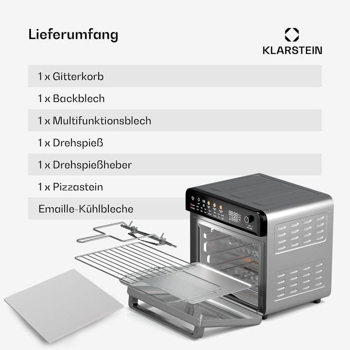 Klarstein AirGlaze Digital Colour Heissluftfritteuse – 34 L, 2200 W, 19 Programme, Drehspiess, Touch
