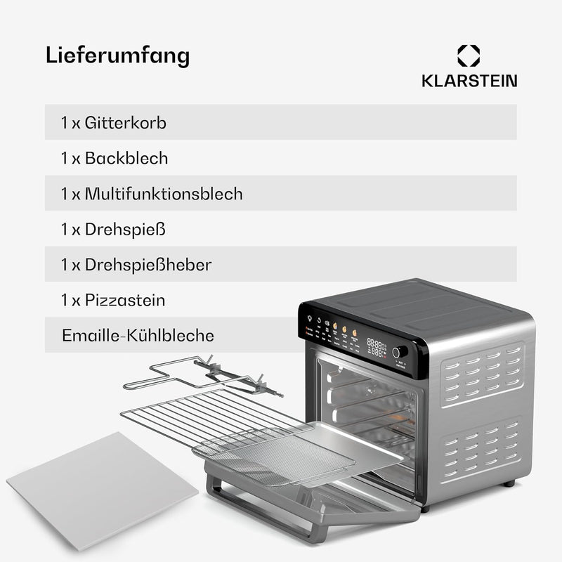 Klarstein AirGlaze Digital Colour Heissluftfritteuse – 34 L, 2200 W, 19 Programme, Drehspiess, Touch