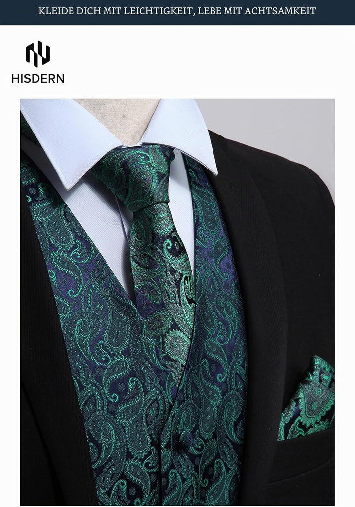 HISDERN Herren FLoral Hochzeit Weste Krawatte Einstecktuch Taschentuch Jacquard Weste Anzug Set S Gr