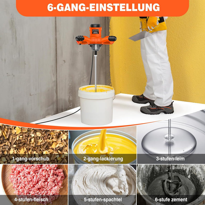 Orange Rührwerk mit starken 2600 Watt – Farb-Mörtelrührer Betonrührer – robustes 6-Gang-Metallgetrie