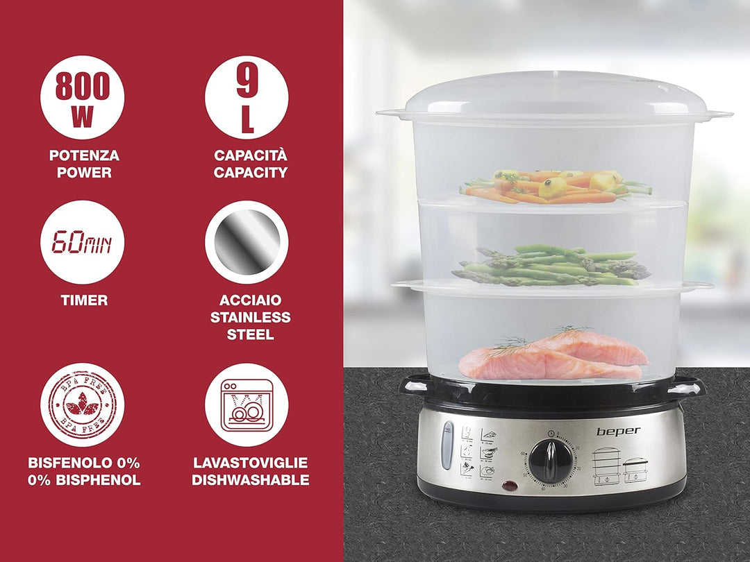 BEPER BC.250 Multi-Dampfgarer 9L, 800 W, Stahl, 3 herausnehmbare Behälter, BPA FREE, Tank 1000 ML, e