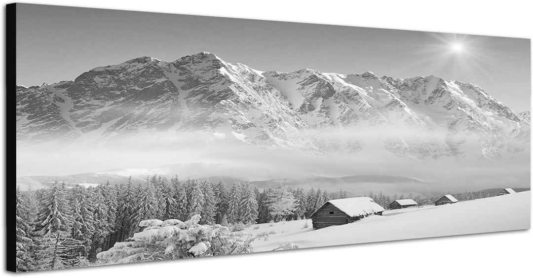 Paul Sinus Art Leinwandfoto als Panorama SCHWARZ/Weiss 150x50cm Winterlandschaft Berge Wald Häuser S