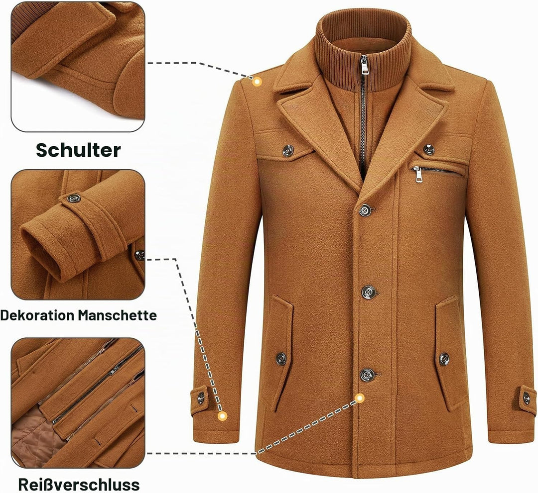 KUDORO Herren Wintermantel Wolle Kurzmantel Herren Wollmantel Mittellang Slim Fit für Business Freiz