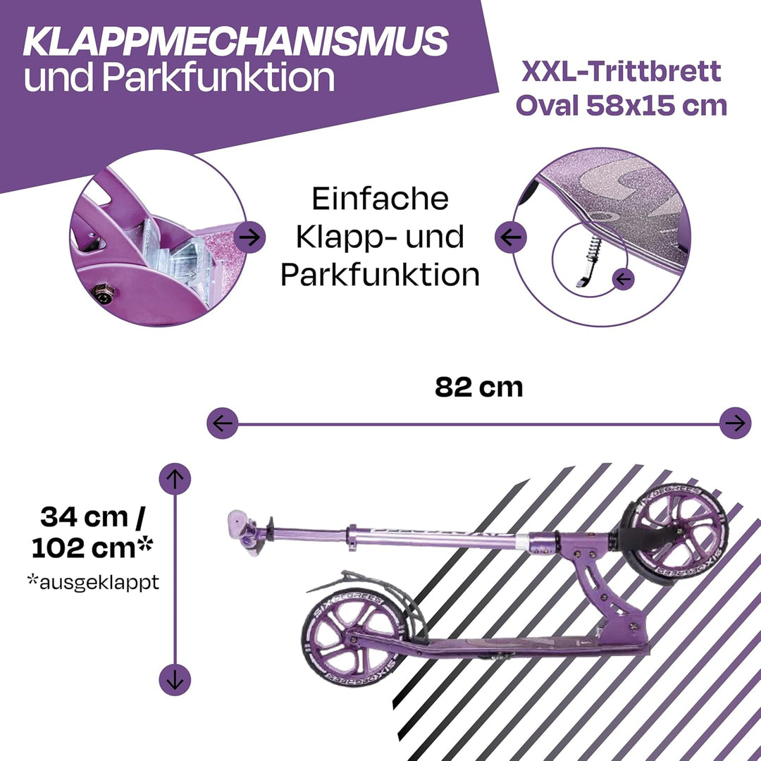 Six Degrees Aluminium Scooter mit Klappmechanismus, Ständer, 205 mm TESTSIEGER, ABEC 7, höhenverstel