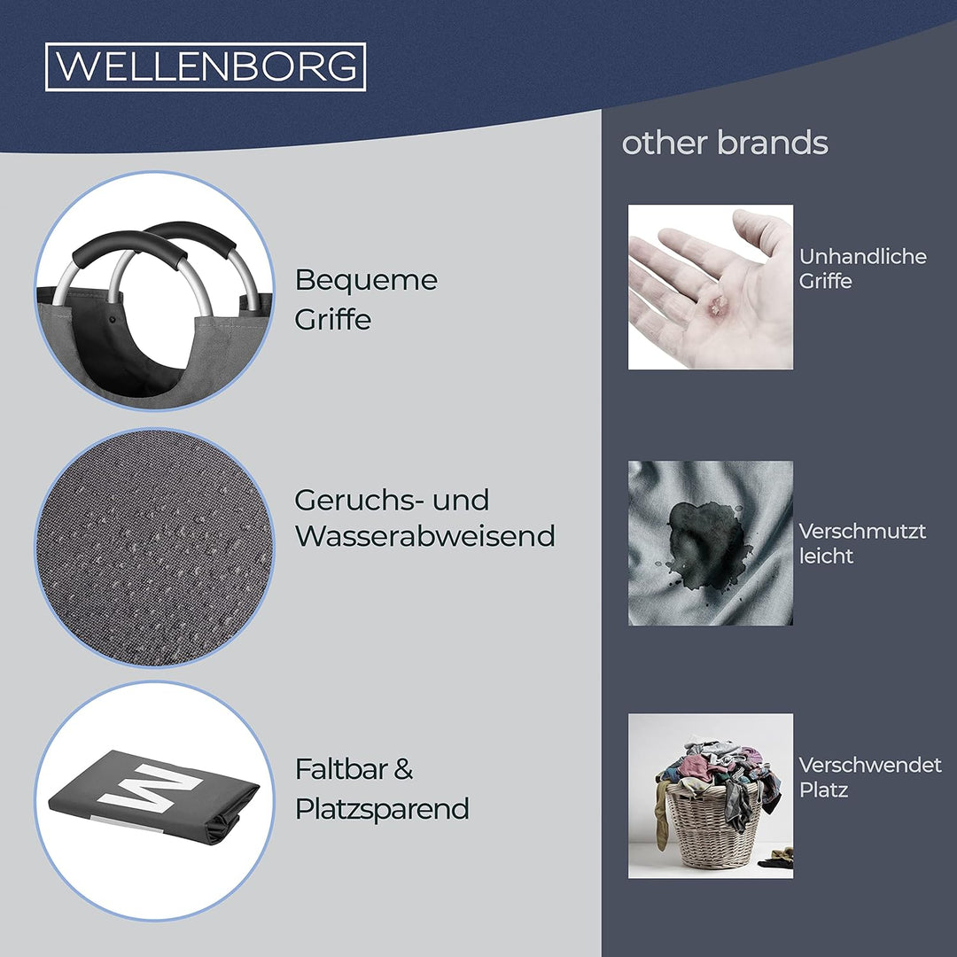 WELLENBORG® Faltbarer Wäschekorb faltbar grau gross - Wäschesammler wasserdicht Wäschesack Schmutzwä