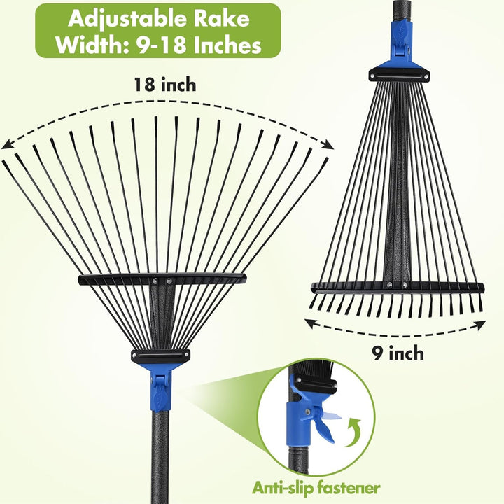 Gartenrechen Laubrechen, 18-zinkiger Metallrechen mit verstellbarem Kopf 25-45 cm, Rasenrechen Laubb