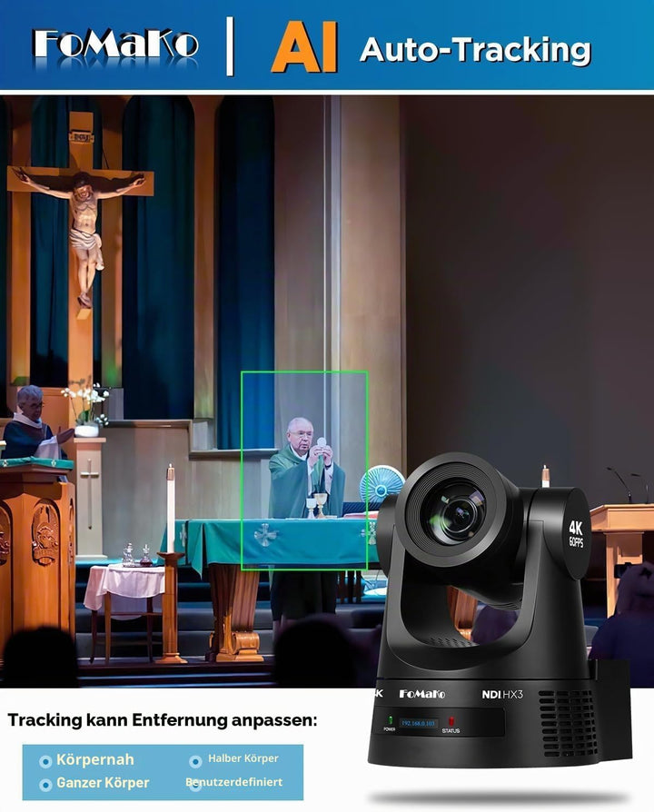 FoMaKo 4K@60fps NDI HX3 PTZ Kamera Set BK202, 20x Optischer Zoom KI Tracking, 3G-SDI HDMI2.0 LAN PoE