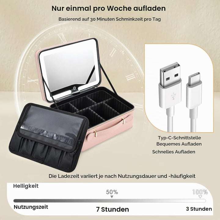 Leder-Kosmetiktasche mit LED-beleuchtetem Spiegel Reise-Kosmetikkoffer Einstellbare Helligkeit in 3