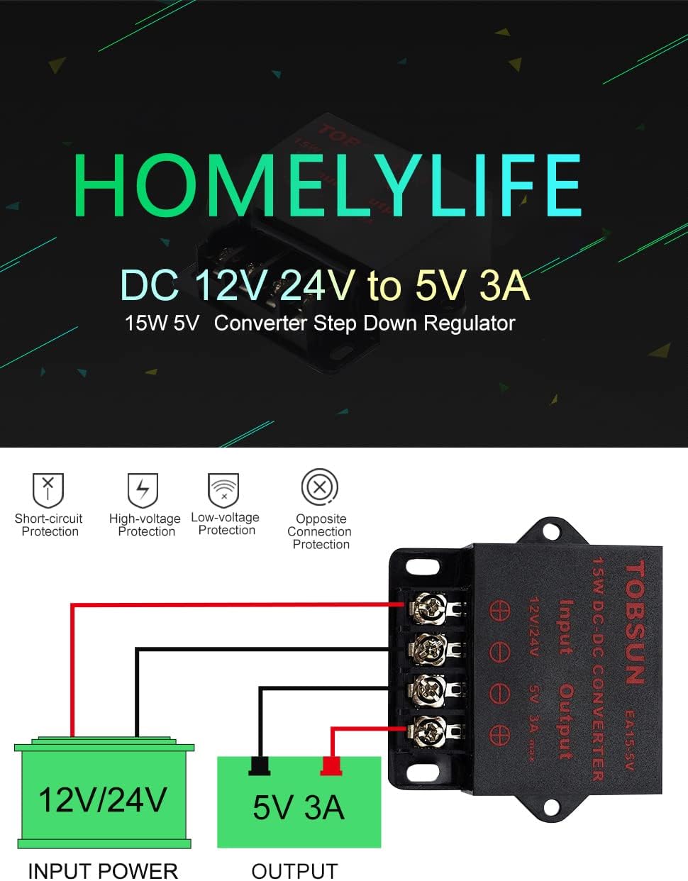HOMELYLIFE DC 12V 24V auf 5V Spannungswandler 3A 15W Step Down Wandler Transformator Netzteil Regler