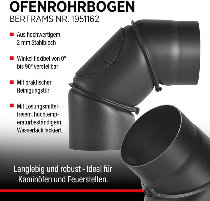 BERTRAMS Ofenrohr 150mm Ø Bogen mit Tür Gussgrau | Stahlrohr mit 0-90° Winkel | Feuerrohr aus Stahlb