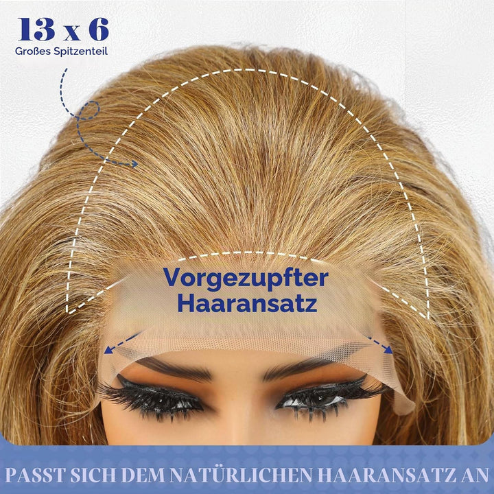 HAIRCUBE 13x6 HD Synthetische Lace-Front-Perücke, 24 Zoll blonde Highlights, lange lockige Stufenper