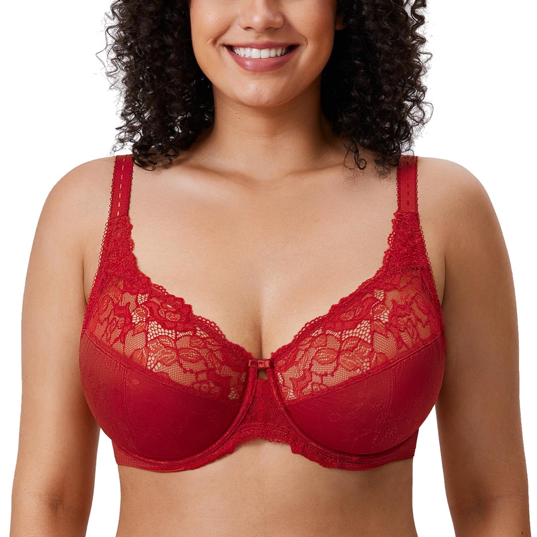 Delimira Damen Beauty Lace Nicht Gepolstert Minimizer Vollfigur Bügel-BH 90B Dunkelrot, 90B Dunkelro