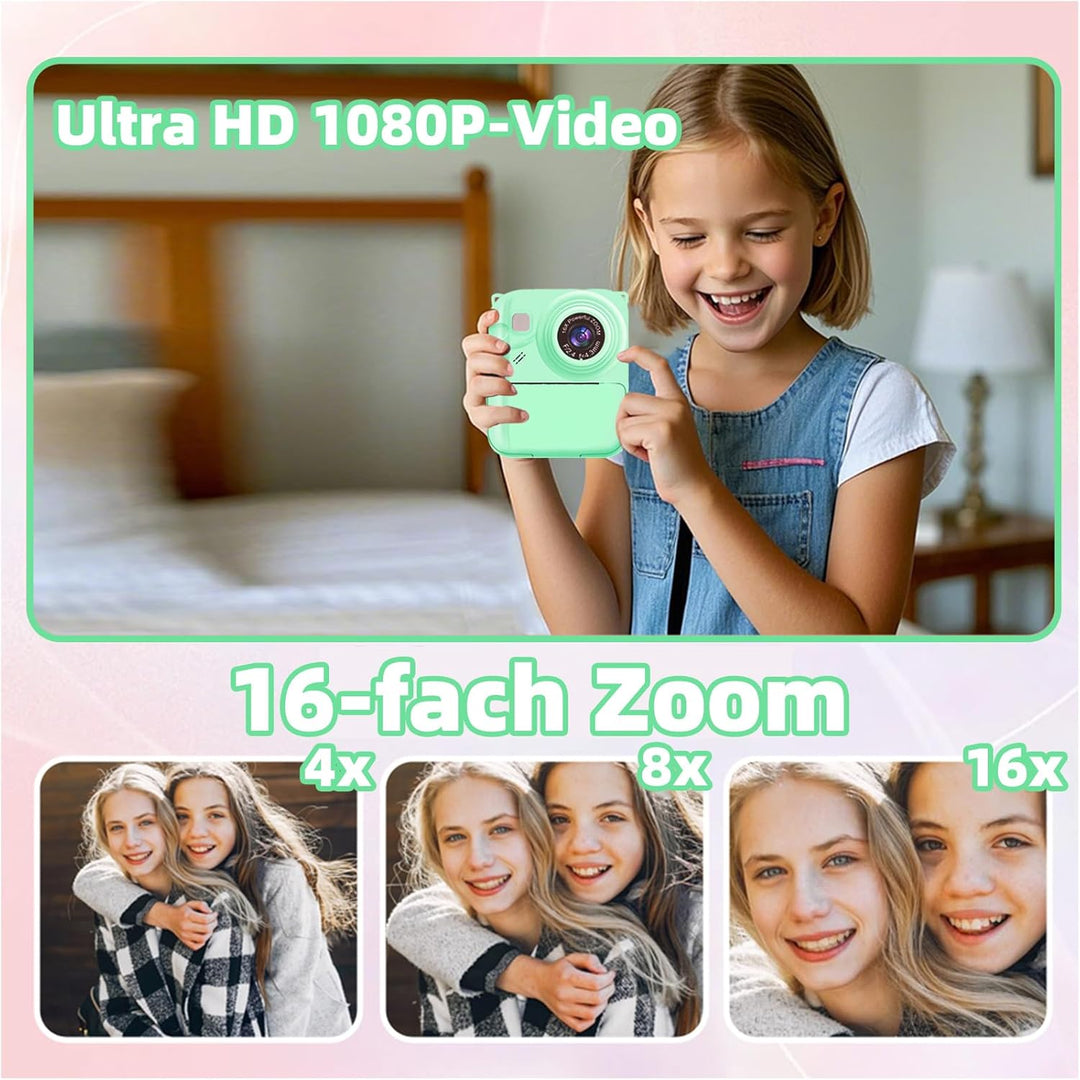 Sofortbildkamera Kinder, 1080P Digitalkamera mit 3 Druckrollen, 32GB Karte & Hülle, Kinderkamera mit