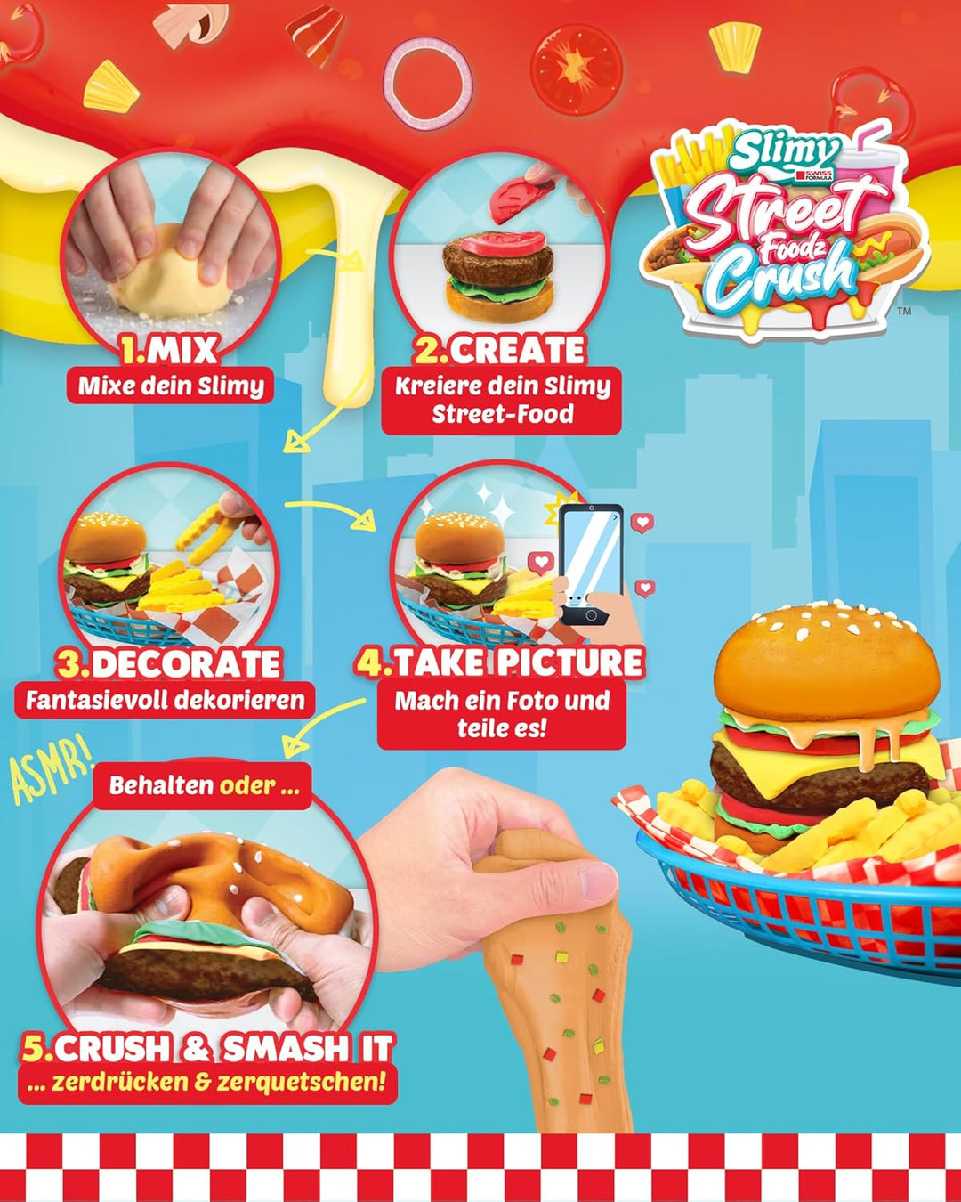 Slimy Street Foodz Crush - Burgeron, Slime und Knete Kreativ-Set, Backspiel zum selber Mischen, Form