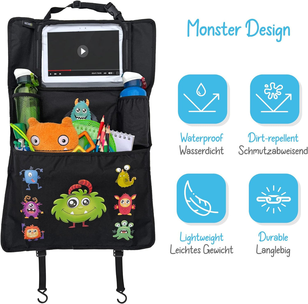 HECKBO 2x Kinder Auto Organizer mit verstellbarer Tablet Tasche mit Touch Folie für bis 20" – Monste