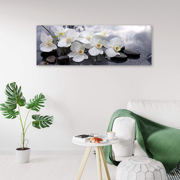 Feeby Wanddeko Orchideen Leinwandbild Kunstdruck Steine Grau 120x40 cm Leinwandbild 120x40 cm Grau_a